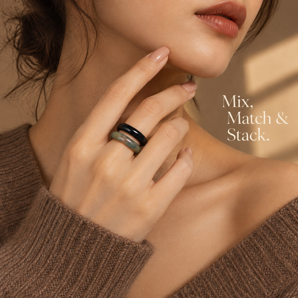 2pc Black Obsidian Band Ring Set, Minimalist Gift for Her